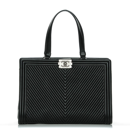 Chanel Calfskin Chevron Quilted Boy Shopping Tote Black 1 of 7