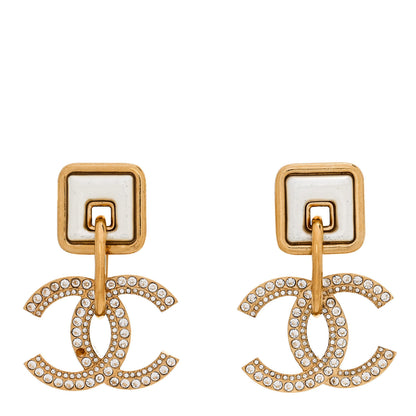 Chanel Crystal Pearl CC Square Drop Earrings Gold Pearly White 1 of 7