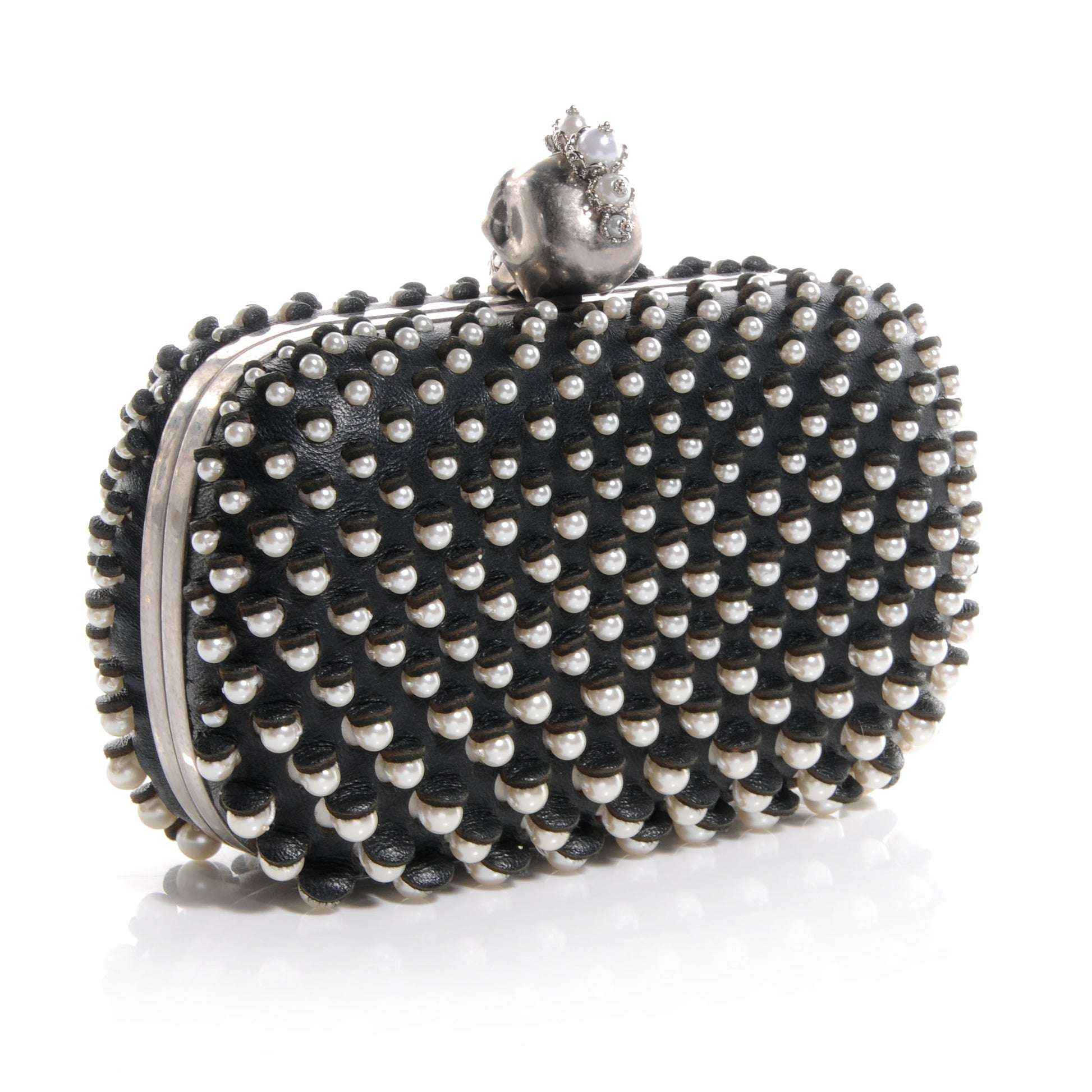 Alexander McQueen Pearl Embellished Calfskin Skull Box Clutch Black 3 of 8