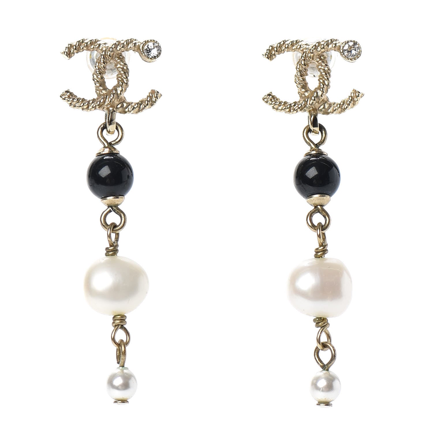 Chanel Pearl Bead Crystal CC Byzantine Drop Earrings Black Gold 1 of 4