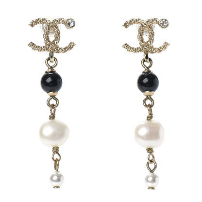 Chanel Pearl Bead Crystal CC Byzantine Drop Earrings Black Gold 1 of 4