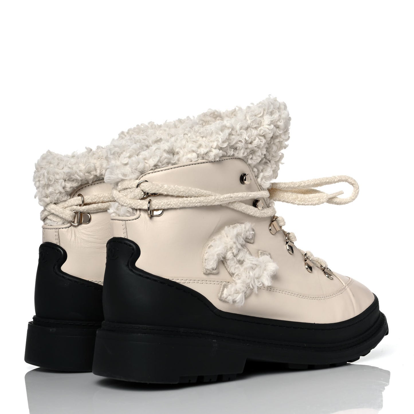 Calfskin Shearling CC Lace Up Boots 41 Light Beige Ivory