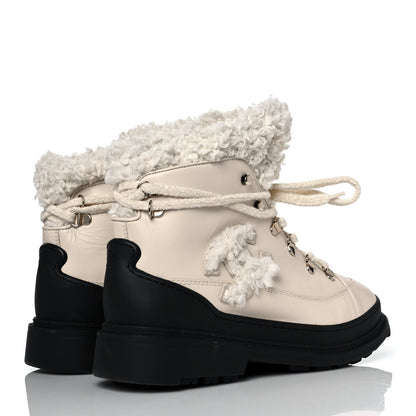 Chanel Calfskin Shearling CC Lace Up Boots 41 Light Beige Ivory 4 of 7