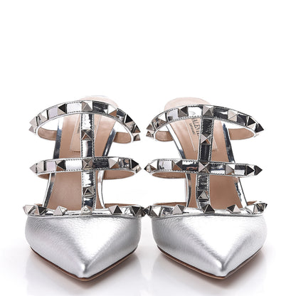 Valentino Garavani Metallic Pebbled Calfskin Rockstud 90mm Cage Mules 36.5 Silver 2 of 10
