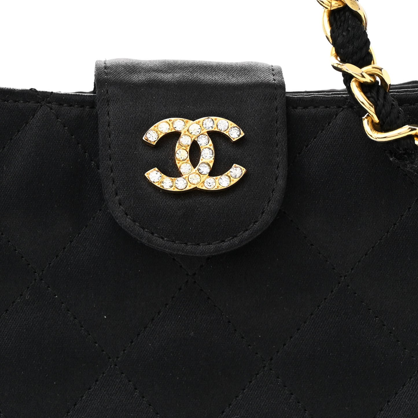 Satin Quilted Crystal CC Shoulder Bag Black