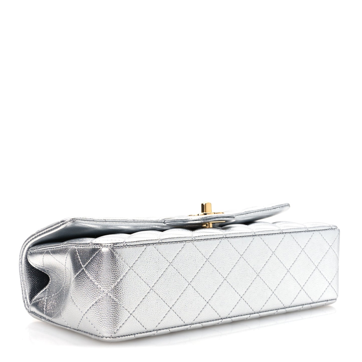 Metallic Caviar Quilted Top Handle East West Flap Silver