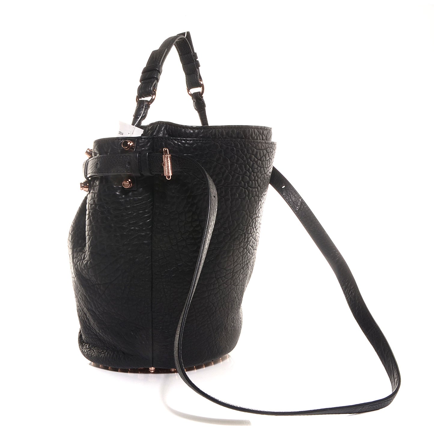 Pebbled Leather Diego Bucket Bag Black w Rose Gold Hardware