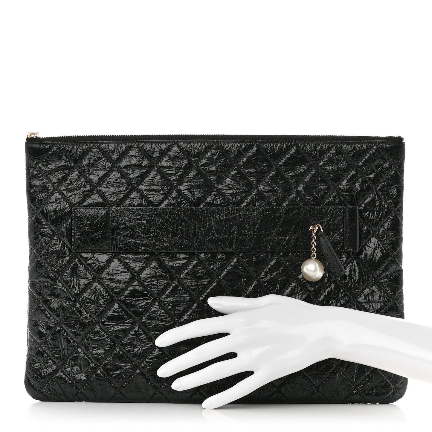 Shiny Crumpled Calfskin Quilted Medium Night by the C Pouch Clutch Black