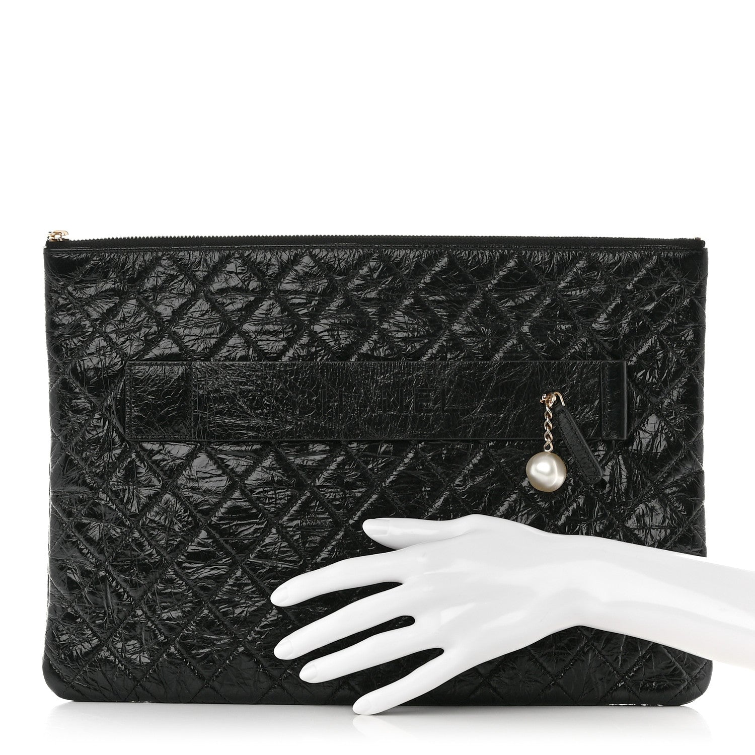 Chanel Shiny Crumpled Calfskin Quilted Medium Night by the C Pouch Clutch Black 2 of 8