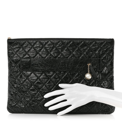 Chanel Shiny Crumpled Calfskin Quilted Medium Night by the C Pouch Clutch Black 2 of 8