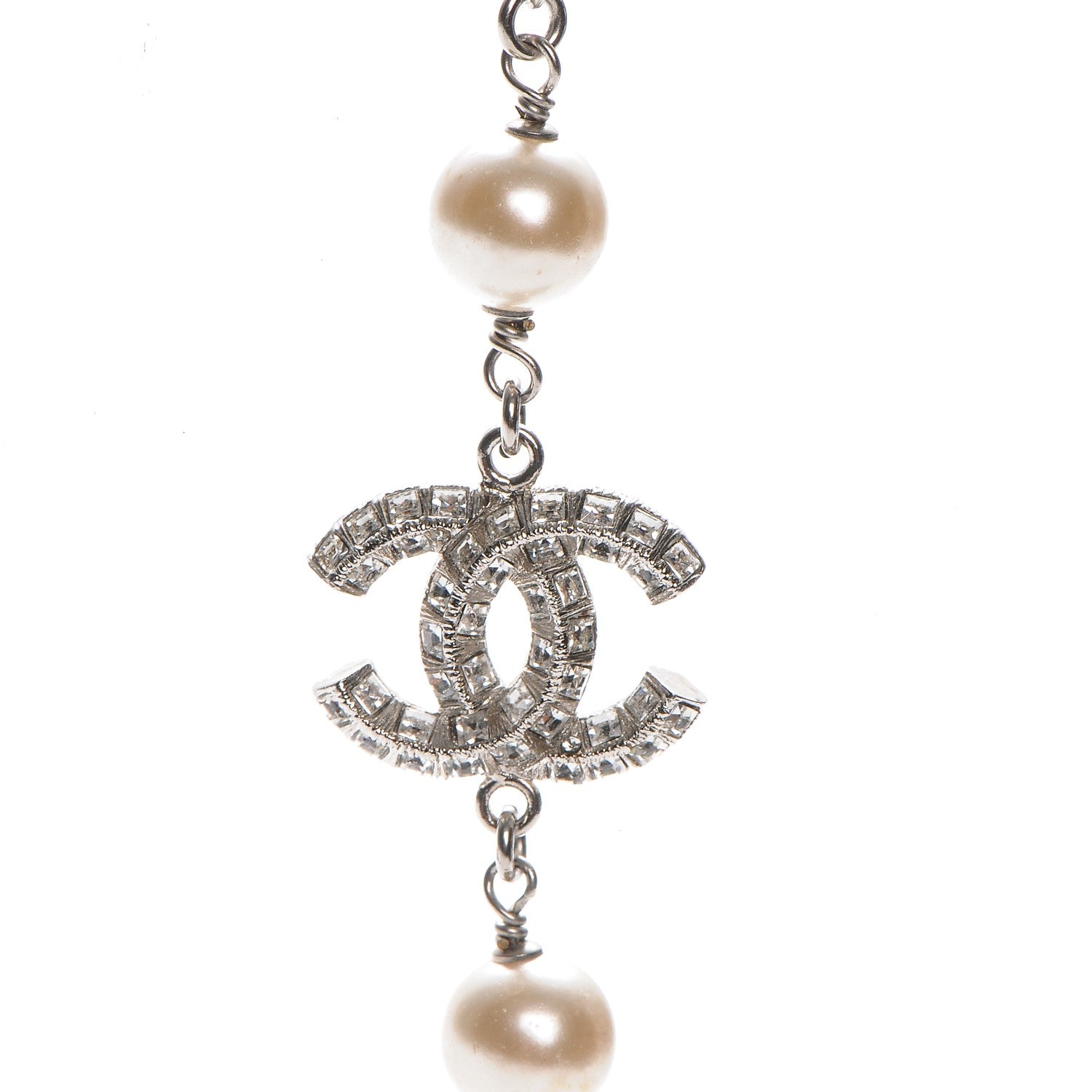 Chanel Pearl Baguette Crystal CC Long Necklace Silver 4 of 6
