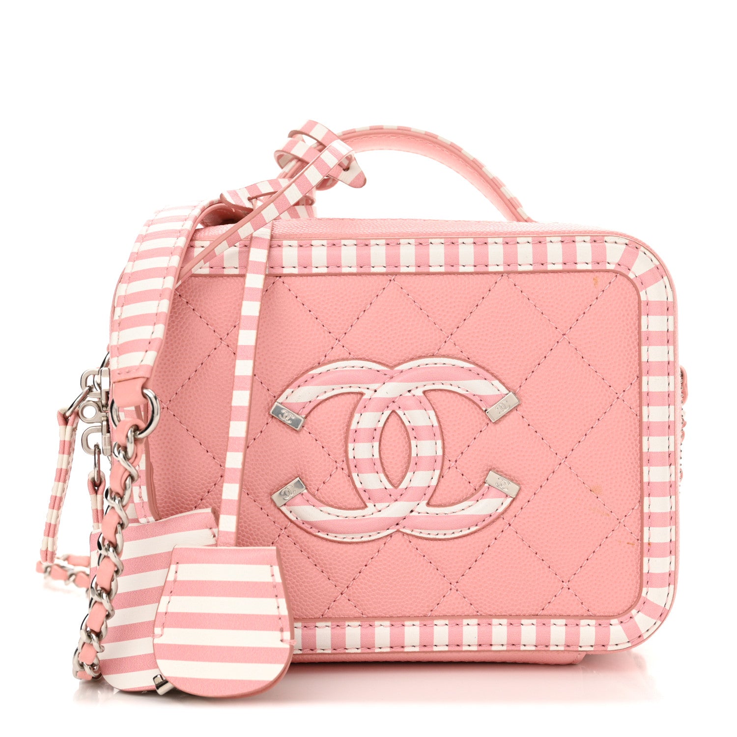 Chanel Caviar Quilted Striped Medium CC Filigree Vanity Case Pink White 1 of 19