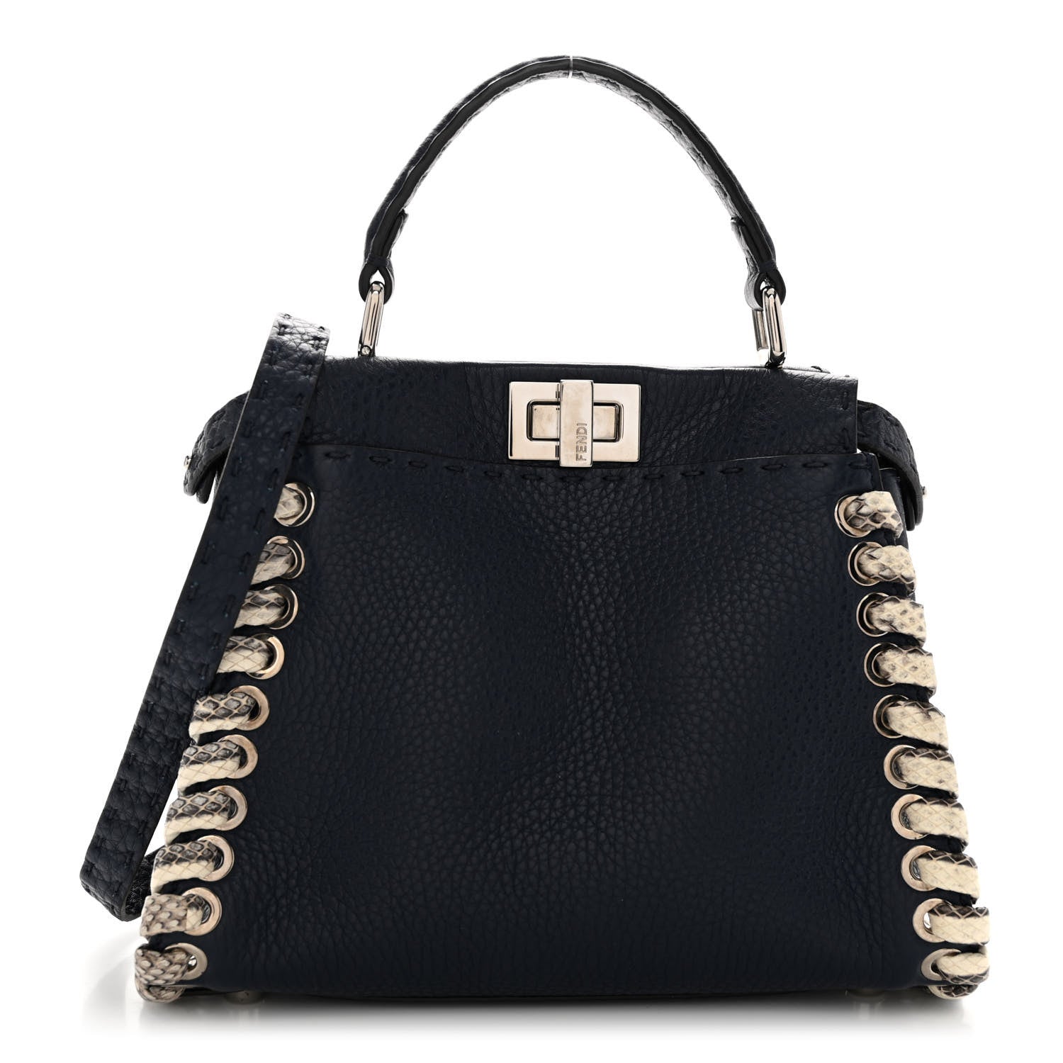 Fendi Cuoio Romano Selleria Elaphe Lace Up Mini Peekaboo Iconic Satchel Blue Notte Natural 1 of 11