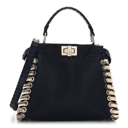 Fendi Cuoio Romano Selleria Elaphe Lace Up Mini Peekaboo Iconic Satchel Blue Notte Natural 1 of 11