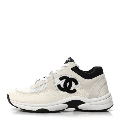 Chanel Mesh Suede Calfskin Grained Calfskin Womens CC Sneakers 37.5 White Black 1 of 7