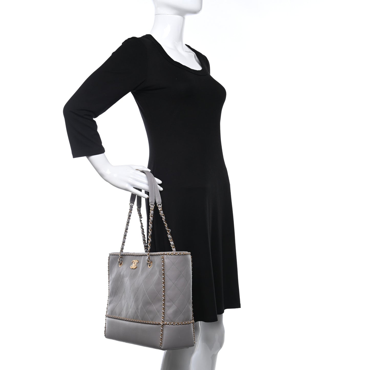 Calfskin Quilted Chain Lines Shopping Tote Grey