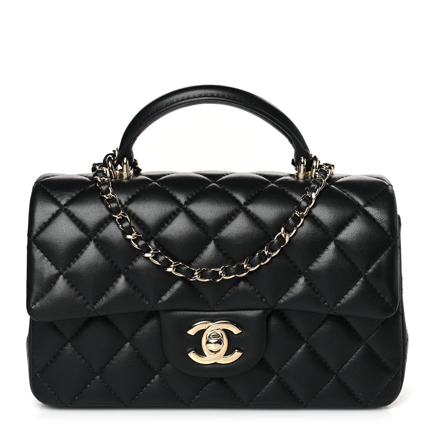 Lambskin Quilted Mini Top Handle Rectangular Flap Black