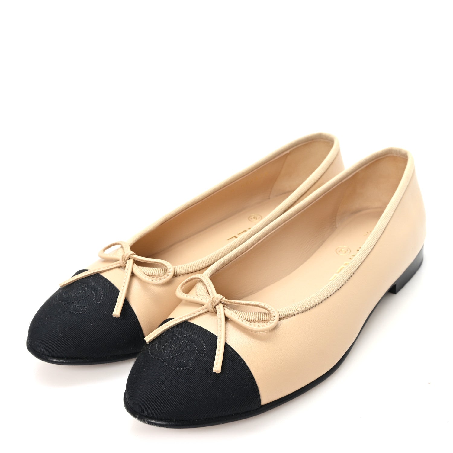 Chanel Lambskin Grosgrain Cap Toe CC Ballerina Flats 36 Beige Black 4 of 9