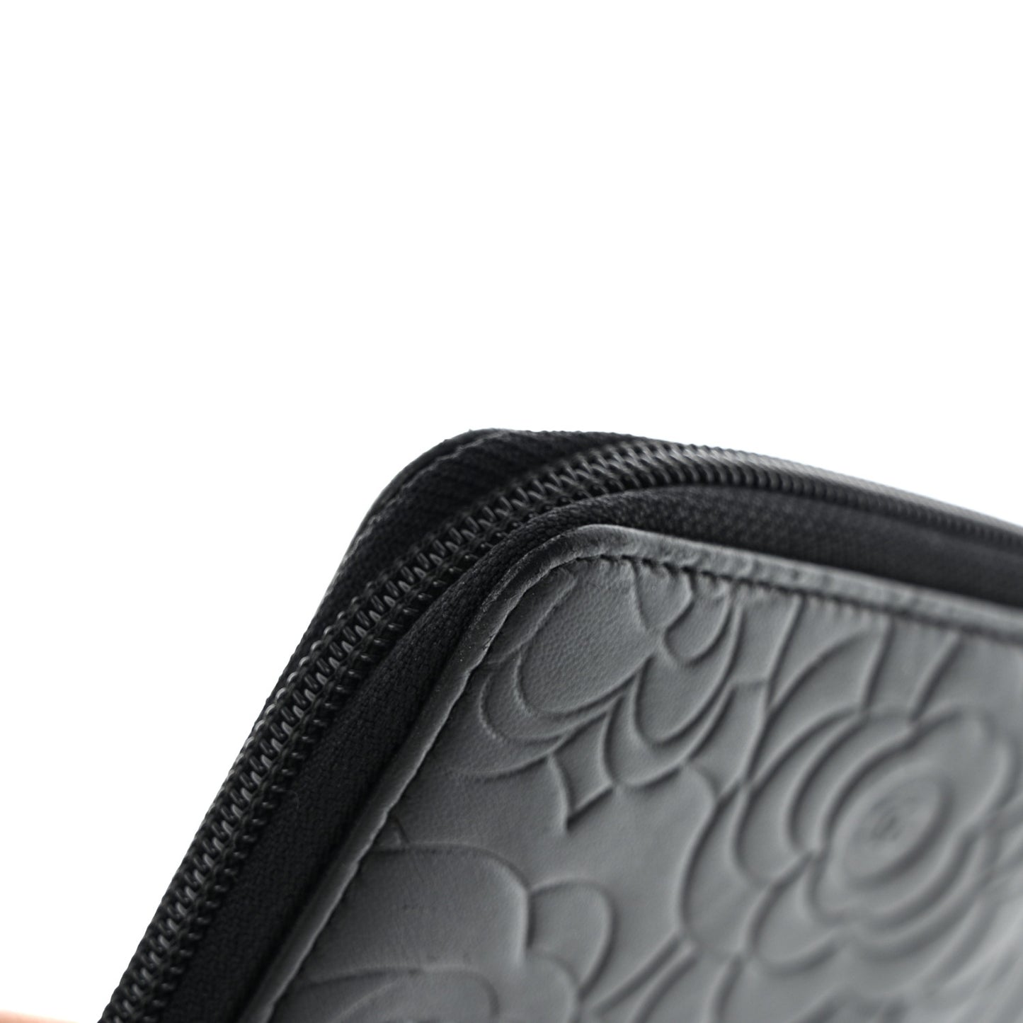 Lambskin Camellia Embossed Large Zip Around Gusset Wallet Black