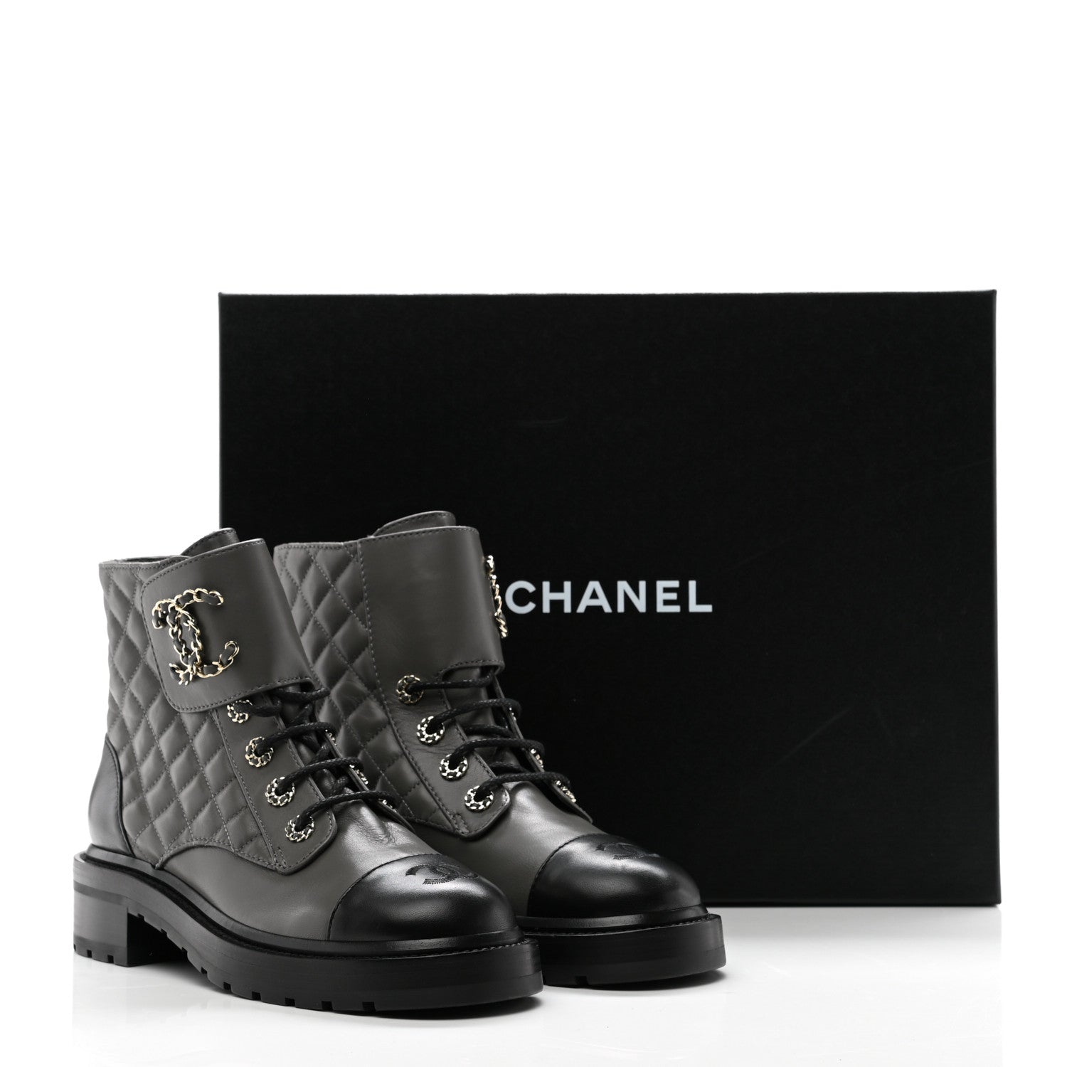 Chanel Shiny Lambskin Quilted Lace Up Combat Boots 38.5 Grey Black 11 of 11