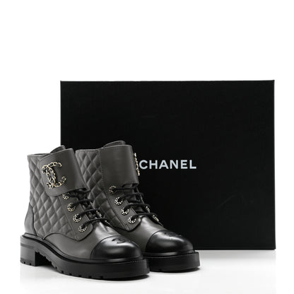 Chanel Shiny Lambskin Quilted Lace Up Combat Boots 38.5 Grey Black 11 of 11