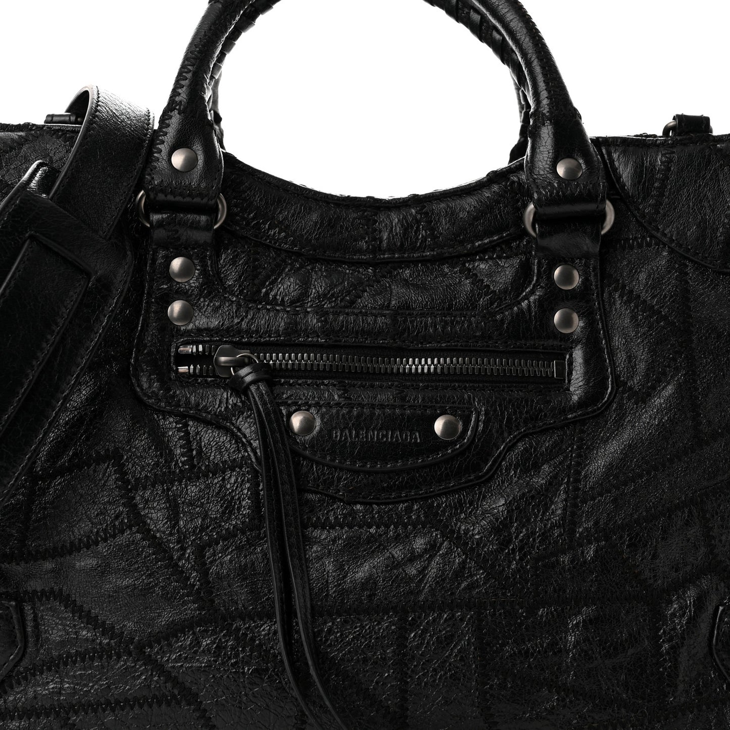Calfskin Patchwork Stitched Neo Classic Silver Hardware City Black