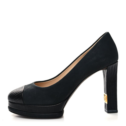 Chanel Wax Suede Wood Pumps 38 Black Brown 1 of 9
