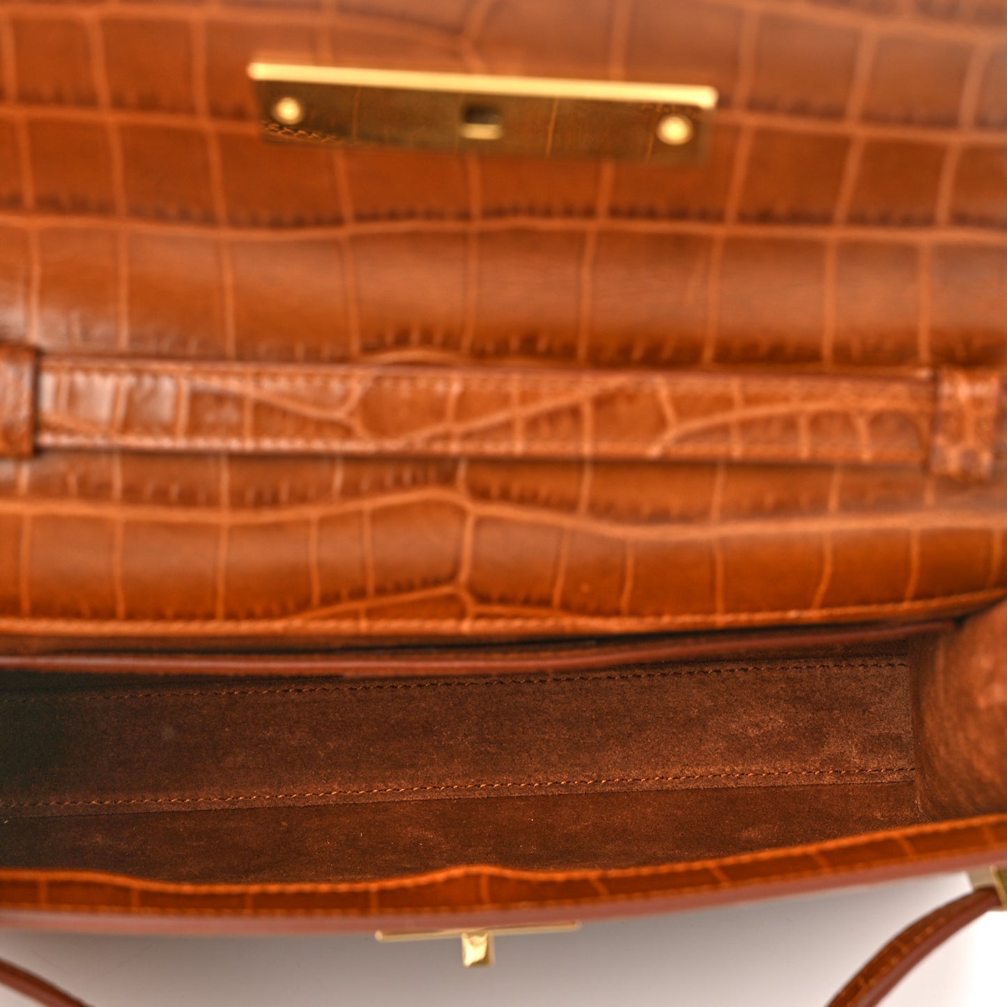 Shiny Calfskin Crocodile Embossed Small Manhattan Baguette Dark Caramel