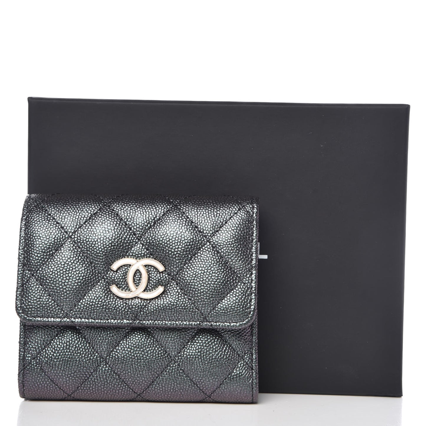 Iridescent Caviar Quilted Small Flap Wallet Black