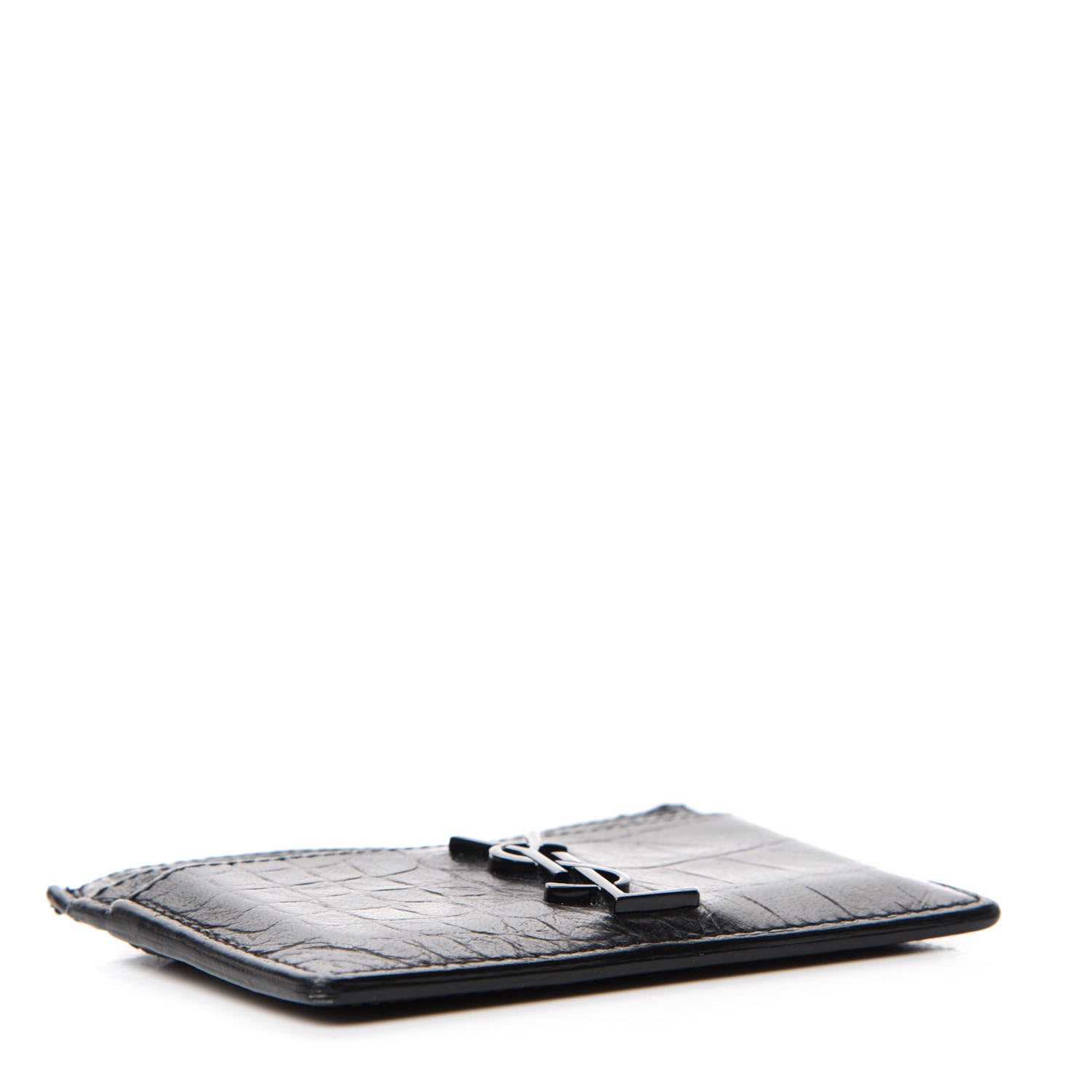 Saint Laurent Calfskin Crocodile Embossed Monogram Credit Card Case Black 4 of 7