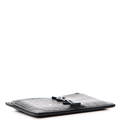 Saint Laurent Calfskin Crocodile Embossed Monogram Credit Card Case Black 4 of 7