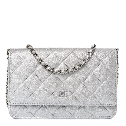 Chanel Glittered Metallic Caviar Quilted Wallet On Chain WOC Silver 1 of 13