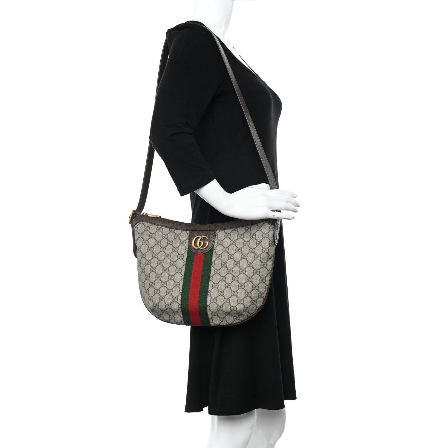 Gucci GG Supreme Monogram Textured Dollar Calfskin Web Small Ophidia Half Moon Hobo Beige Ebony New Acero 2 of 11