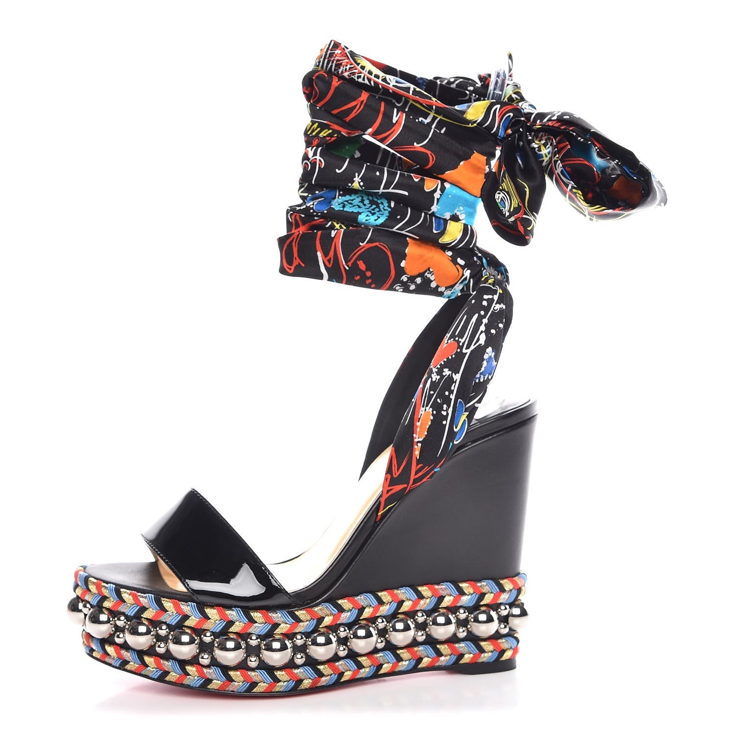 Patent Crepe Satin Loubitag Levantine 120 Wedge Sandals 36 Black