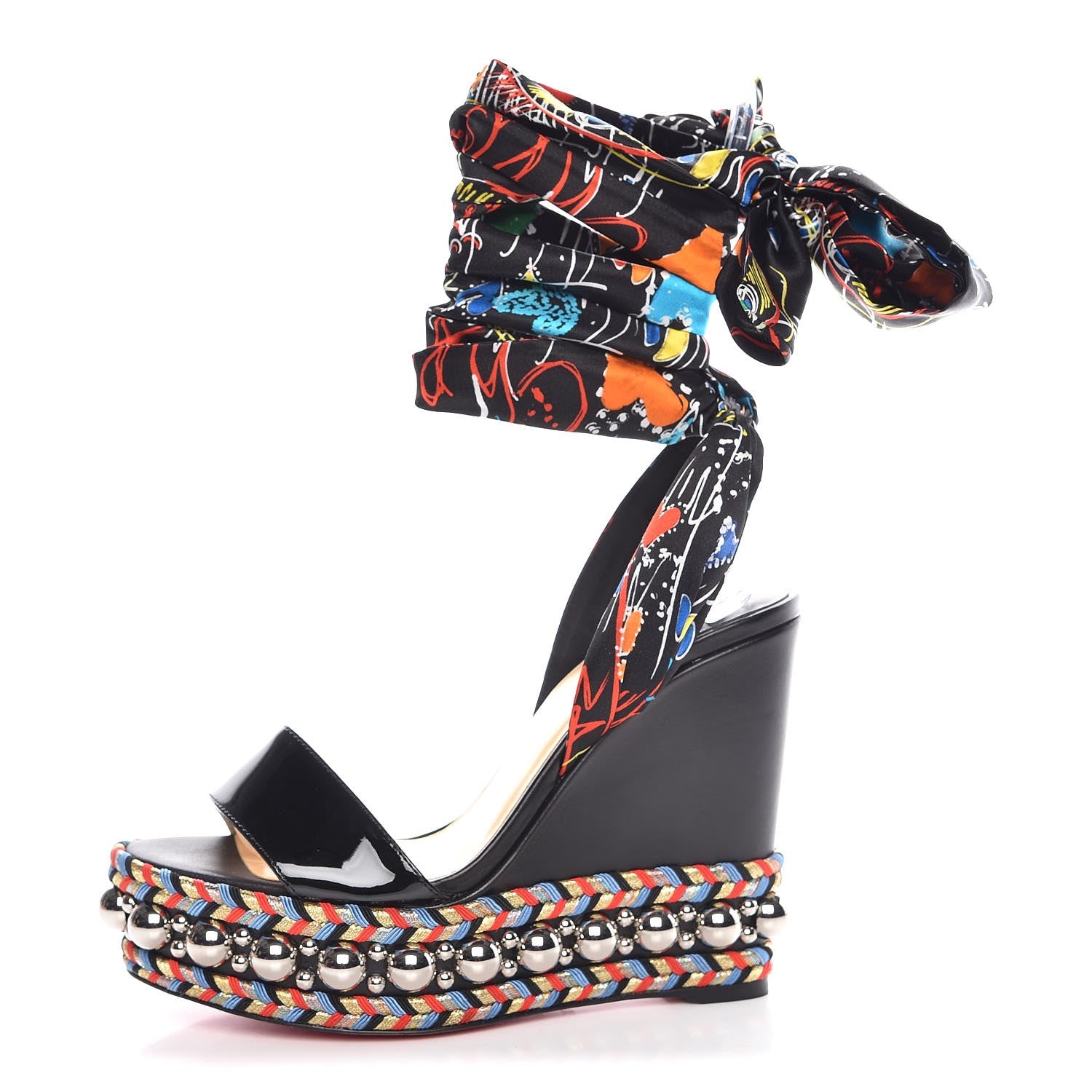 Christian Louboutin Patent Crepe Satin Loubitag Levantine 120 Wedge Sandals 36 Black 1 of 9