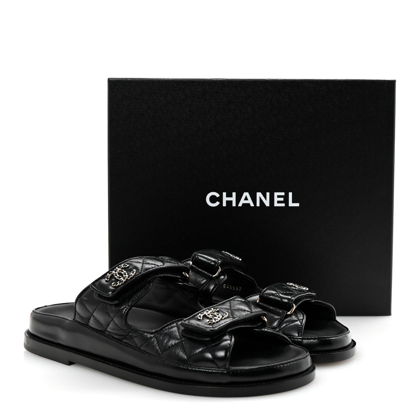 Lambskin Quilted Velcro Dad Chain CC Slide Sandals 38.5 Black