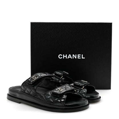 Chanel Lambskin Quilted Velcro Dad Chain CC Slide Sandals 38.5 Black 10 of 10