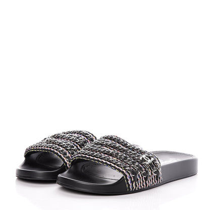 Chanel Tweed Lambskin Chain Flat Sandals 41 Black Multicolor 3 of 9