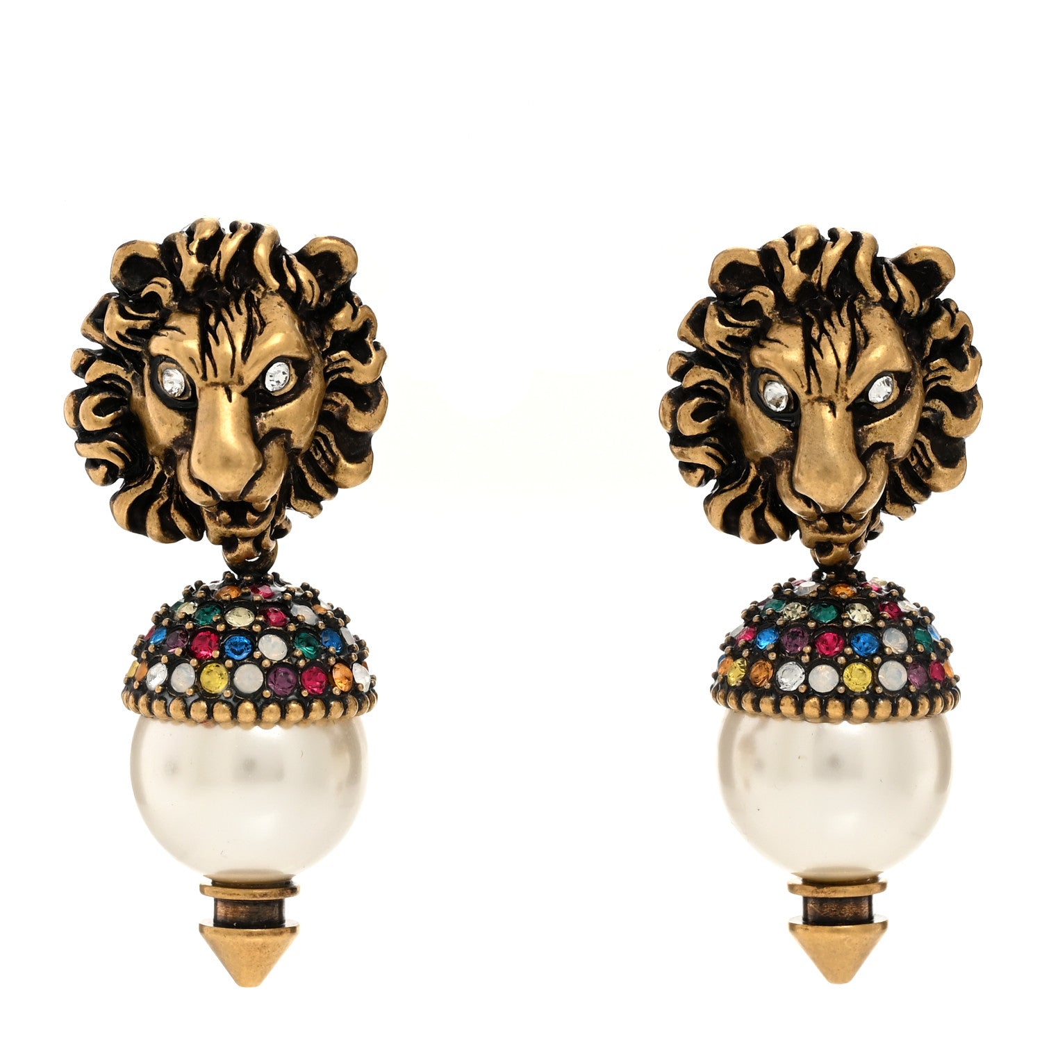 Gucci Metal Crystal Lion Earrings Aged Gold 1 of 5