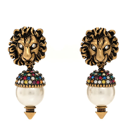 Gucci Metal Crystal Lion Earrings Aged Gold 1 of 5