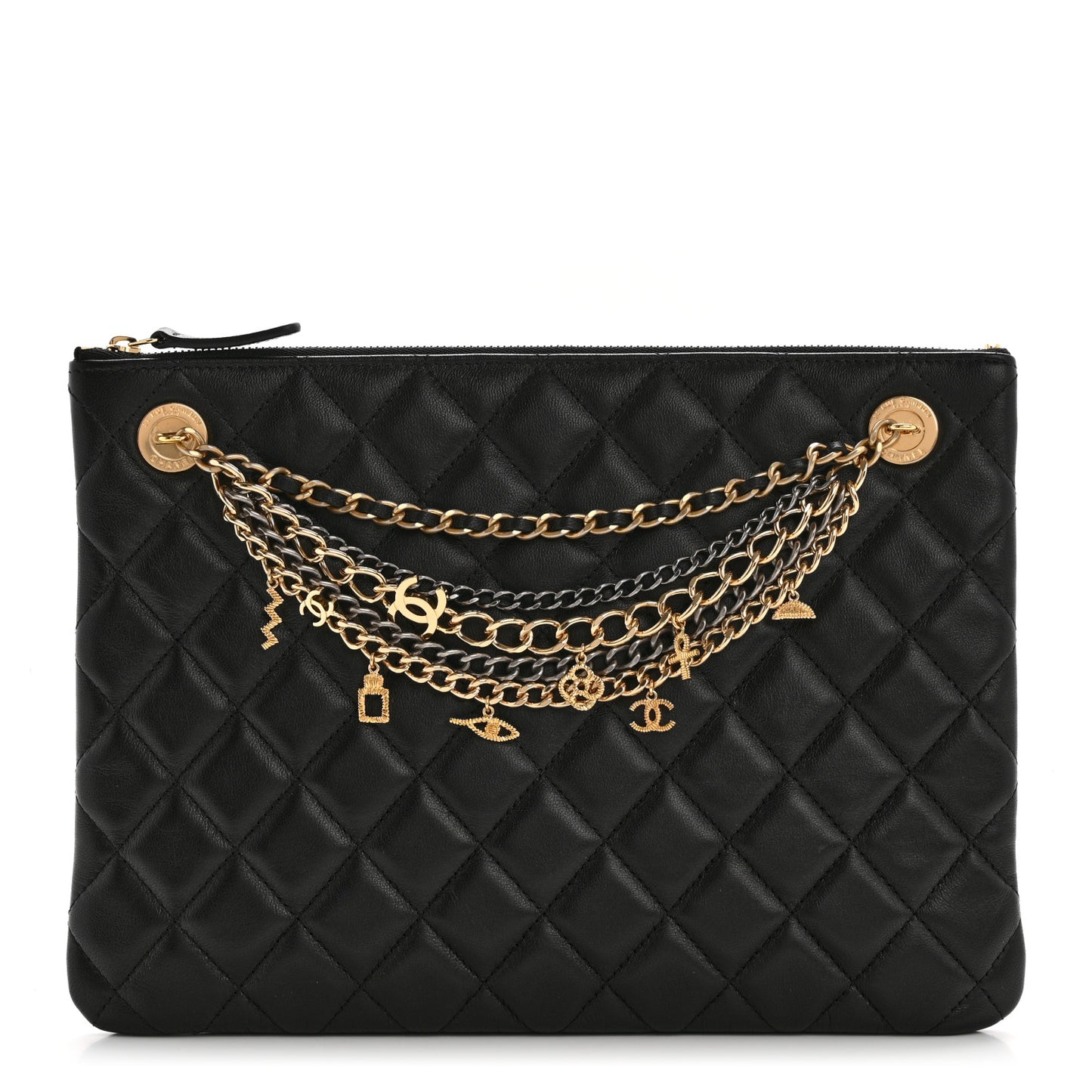 Lambskin Quilted Egyptian Amulet Zipped Pouch Black