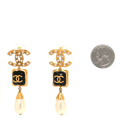 Chanel Metal Resin Pearl Crystal CC Drop Earrings Gold Black Pearly White 2 of 5