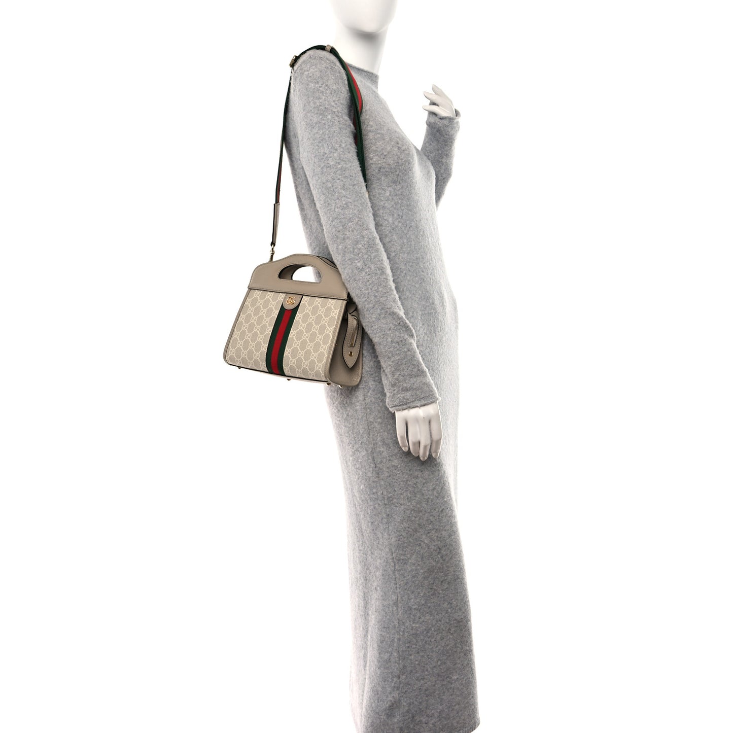 GG Supreme Monogram Textured Dollar Calfskin Web Small Ophidia Slip Handle Tote Beige Mystic White Oatmeal