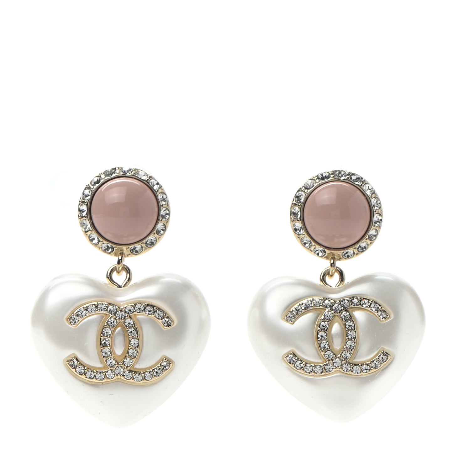 Pearl Resin Crystal CC Heart Drop Earrings Pink Gold