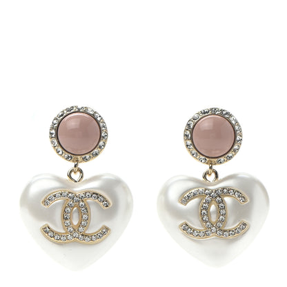 Chanel Pearl Resin Crystal CC Heart Drop Earrings Pink Gold 1 of 4