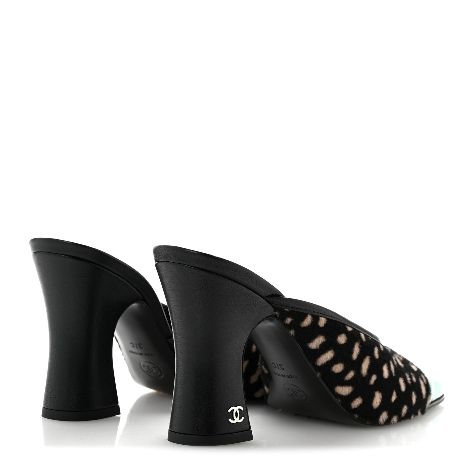 Chanel Pony Hair Lambskin Patent Cap Toe Mules 37 Black White Green 5 of 10