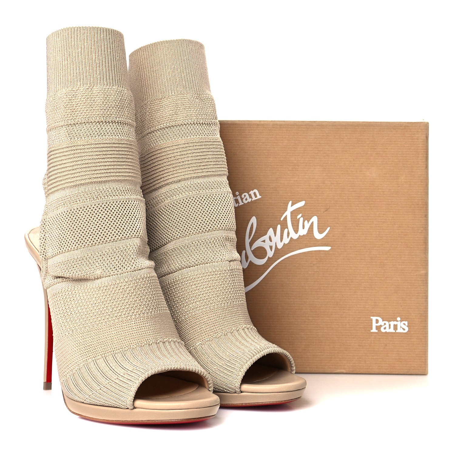 Christian Louboutin Maille Tricot Nappa Cheminene 120 Sock Ankle Boots 38 Beige 7 of 7