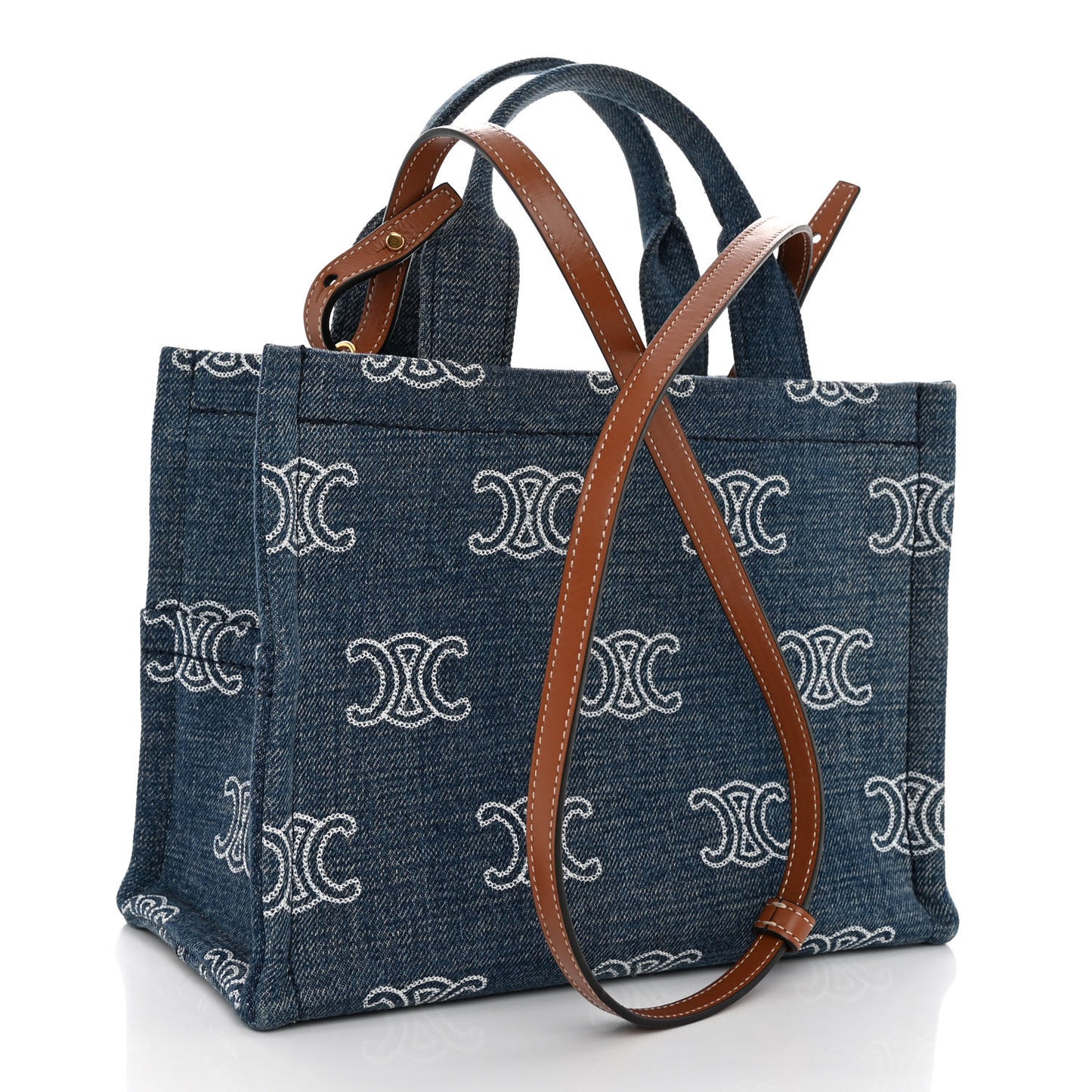 Denim Calfskin Triomphe Print Cabas Blue Tan