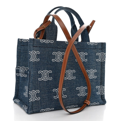 Celine Denim Calfskin Triomphe Print Cabas Blue Tan 3 of 10