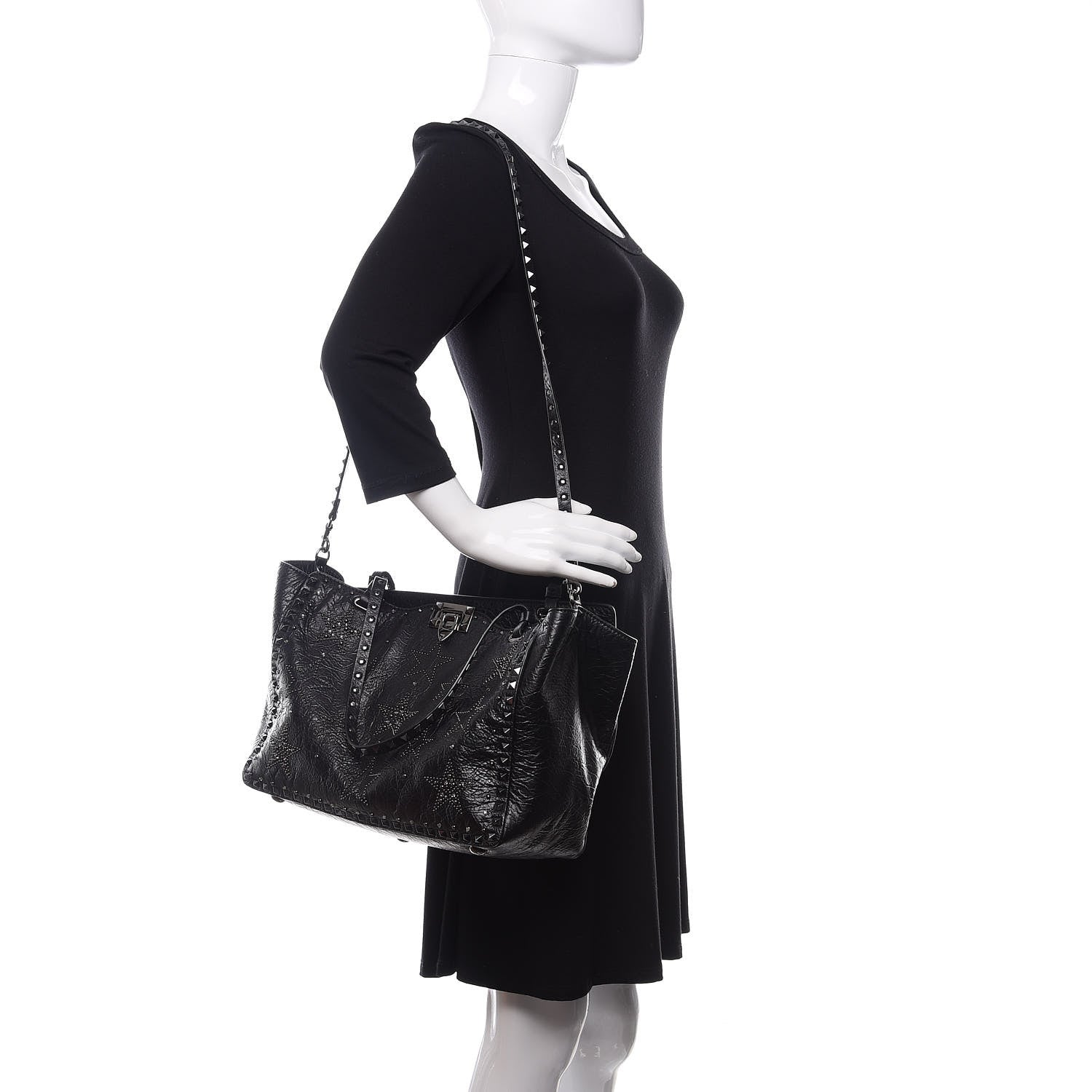 Valentino Garavani Craquele Calfskin Star Studded Medium Rockstud Tote Black 2 of 11